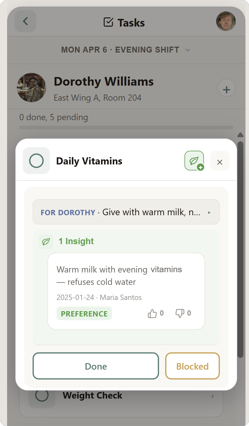 Kulea Go showing an insight surfaced inside the task a caregiver is doing