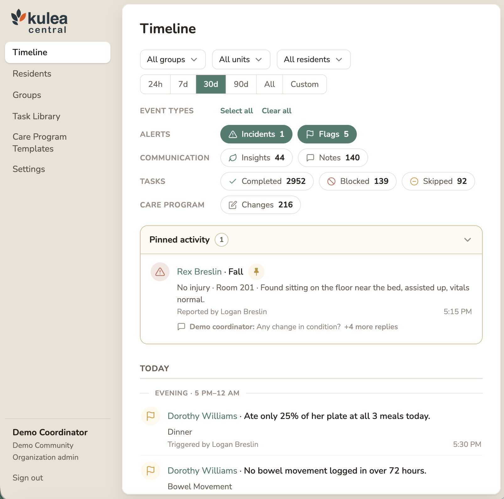 Kulea Central showing one live timeline of tasks, flags, incidents and notes